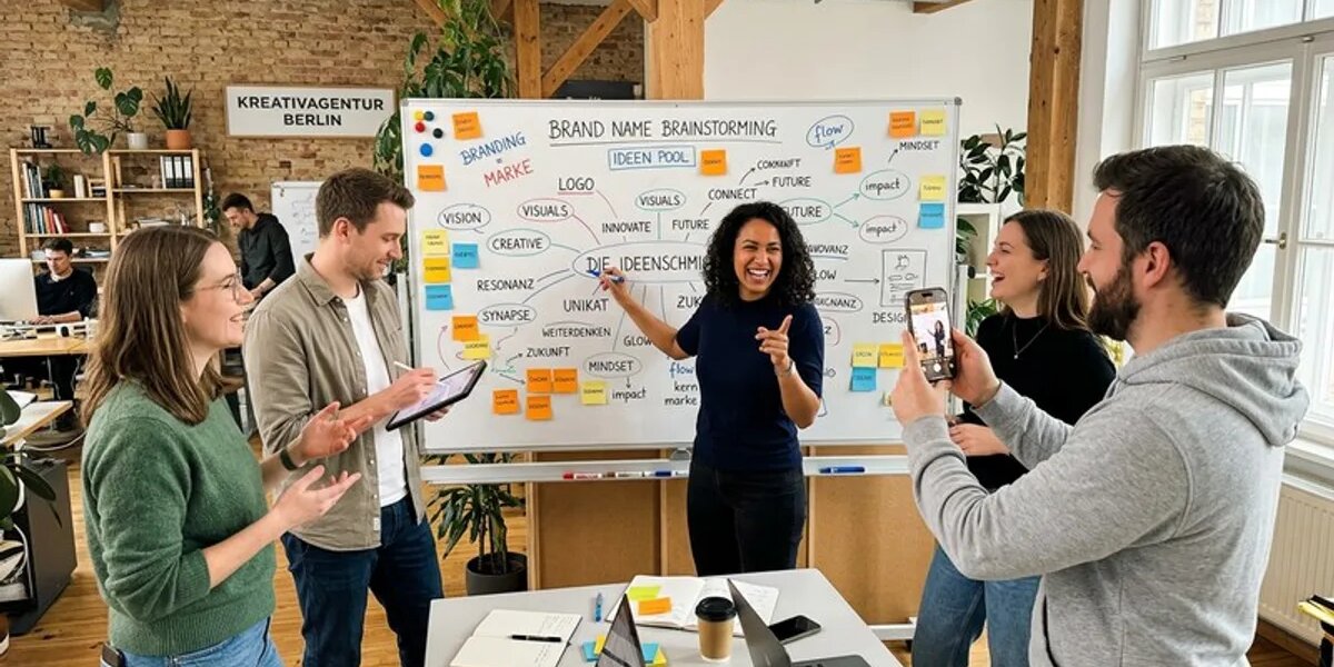 Kreativagentur-Team beim Markenname-Brainstorming am Whiteboard