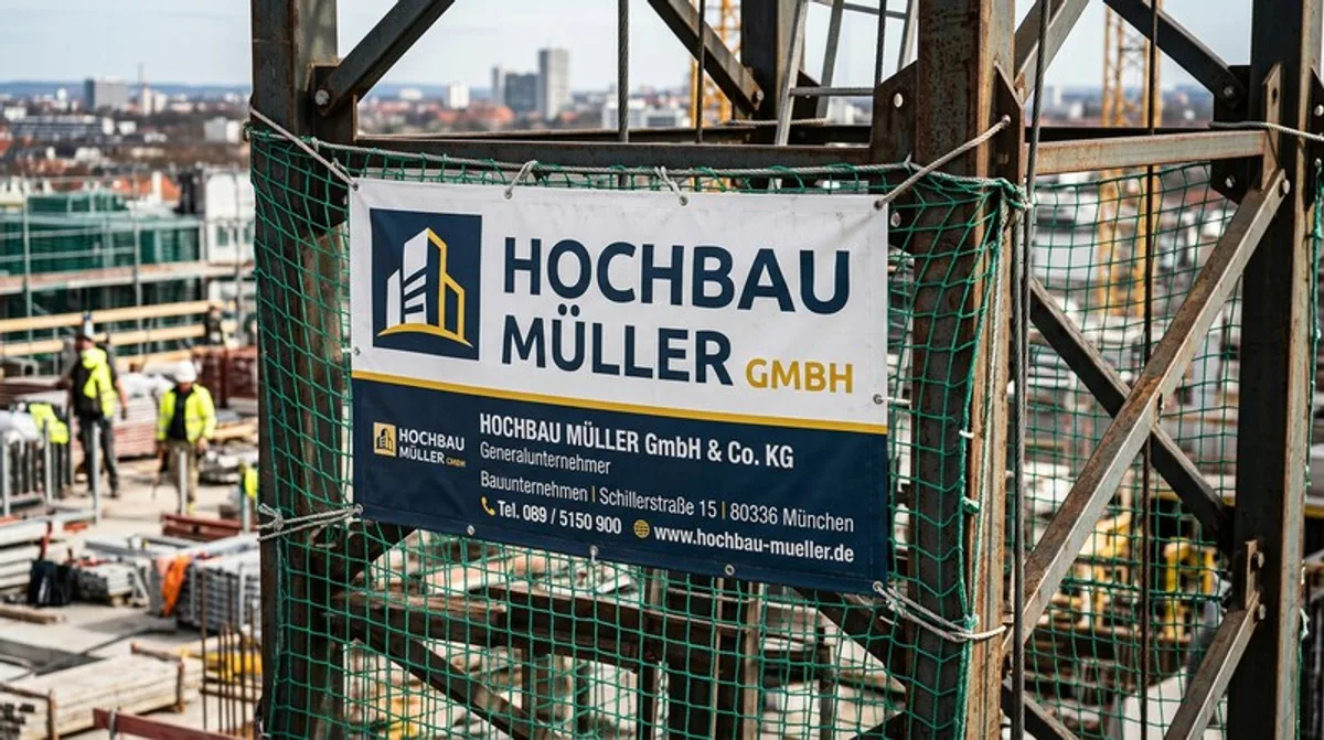Werbebanner eines Industrieunternehmens auf einer Großbaustelle
