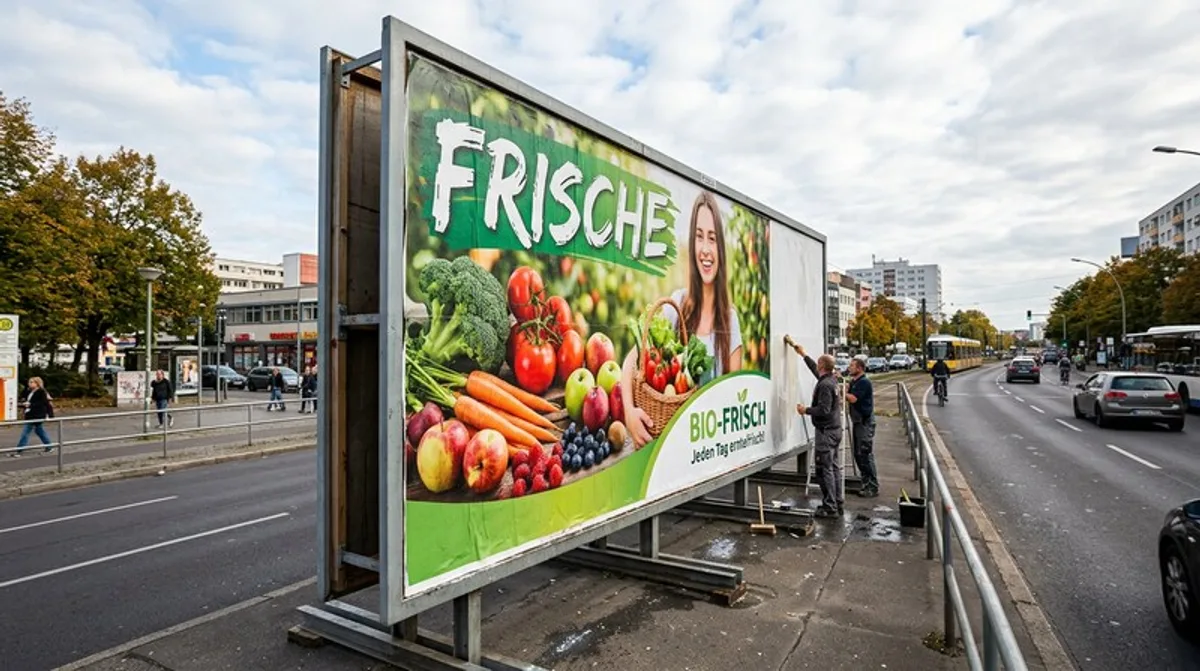Großflächenplakat an einer 18-Bogen-Plakatwand am Straßenrand