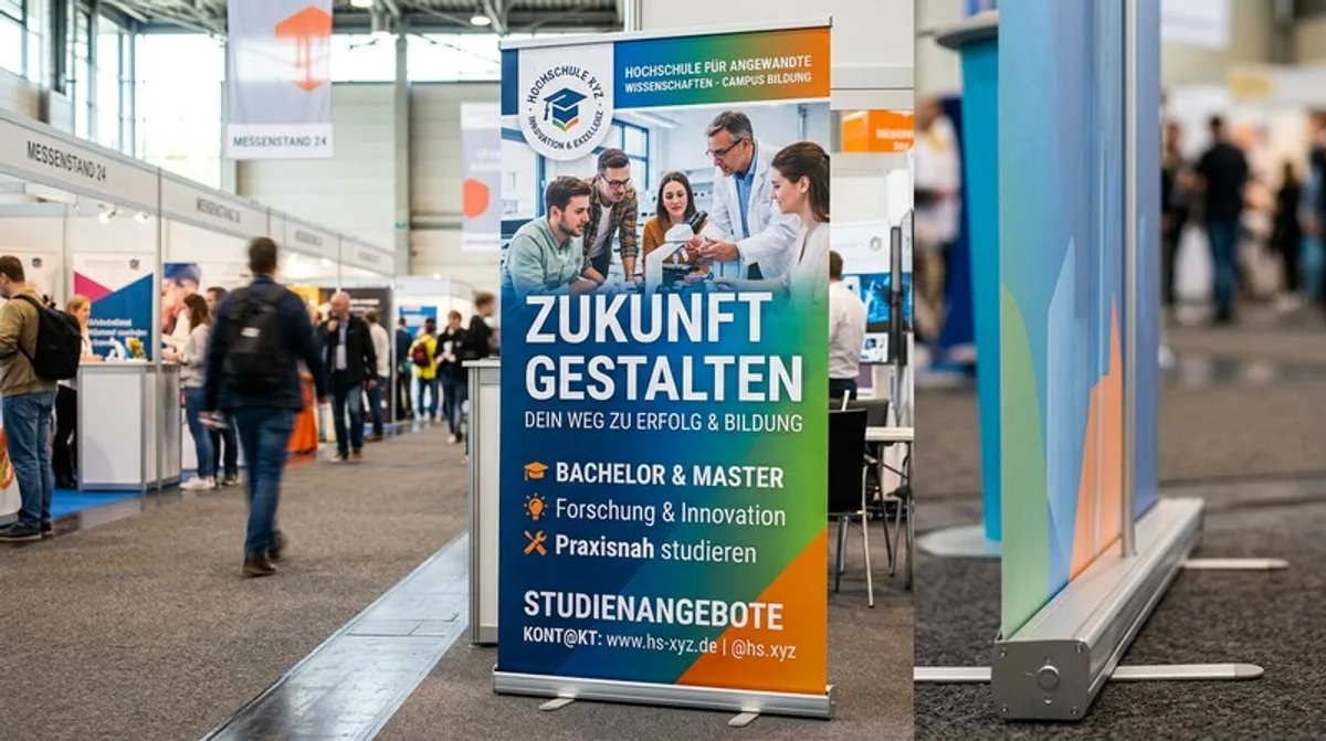 Messestand einer Bildungseinrichtung mit Rollup-Banner