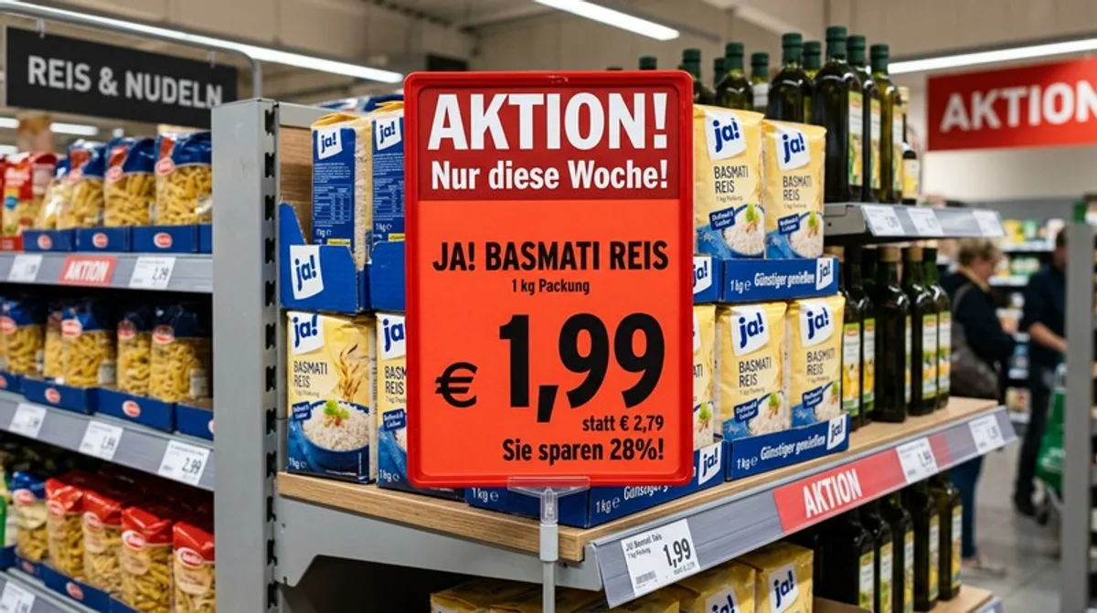 supermarkt angebotsdisplay rotes preisschild aktionsware regal lebensmittel wochenaktion nahaufnahme
