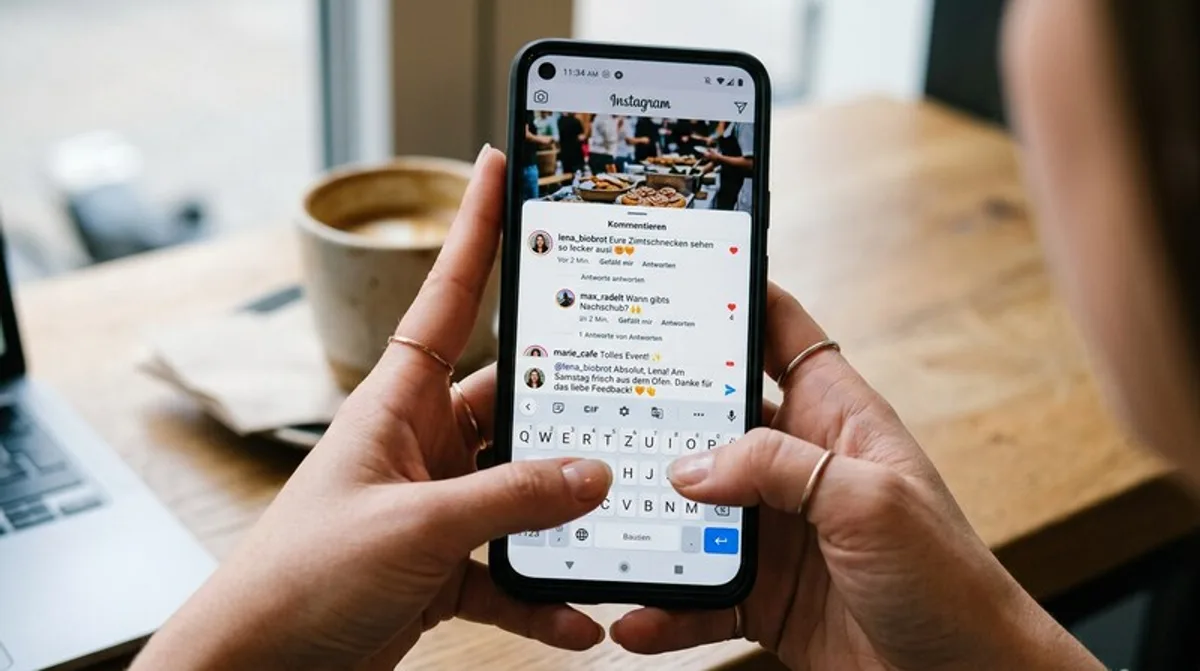 Community Management Smartphone Closeup Instagram Kommentare Antworten Tippen Engagement Likes Replies