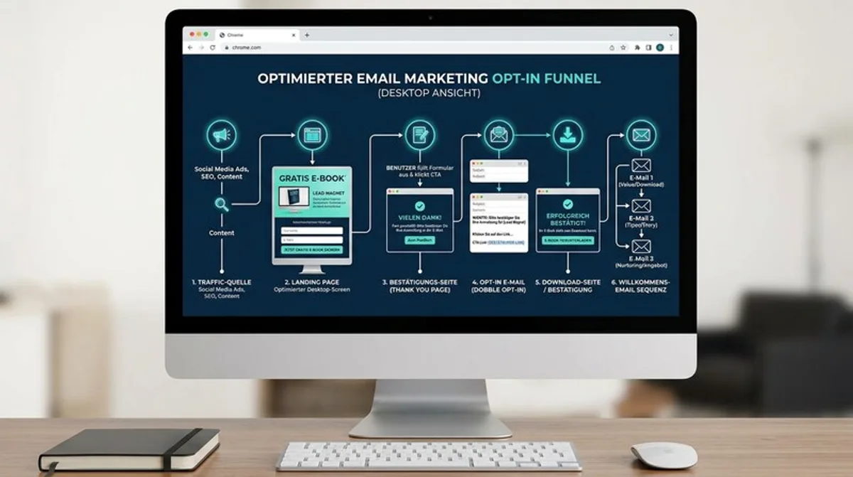 Email Marketing Funnel Diagramm Desktop Closeup Opt In Schritte Landing Page Flowchart Screen