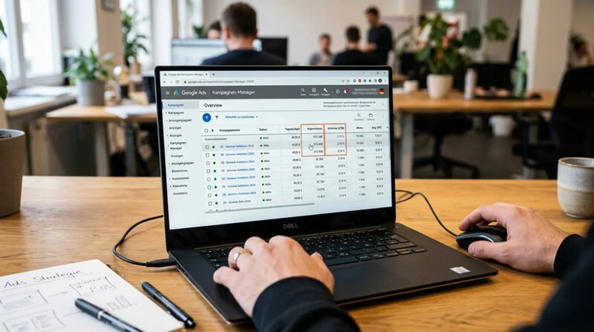 Google Ads Kampagnen Manager Laptop Closeup Klickrate Impressionen Tagesbudget Spalten Dashboard