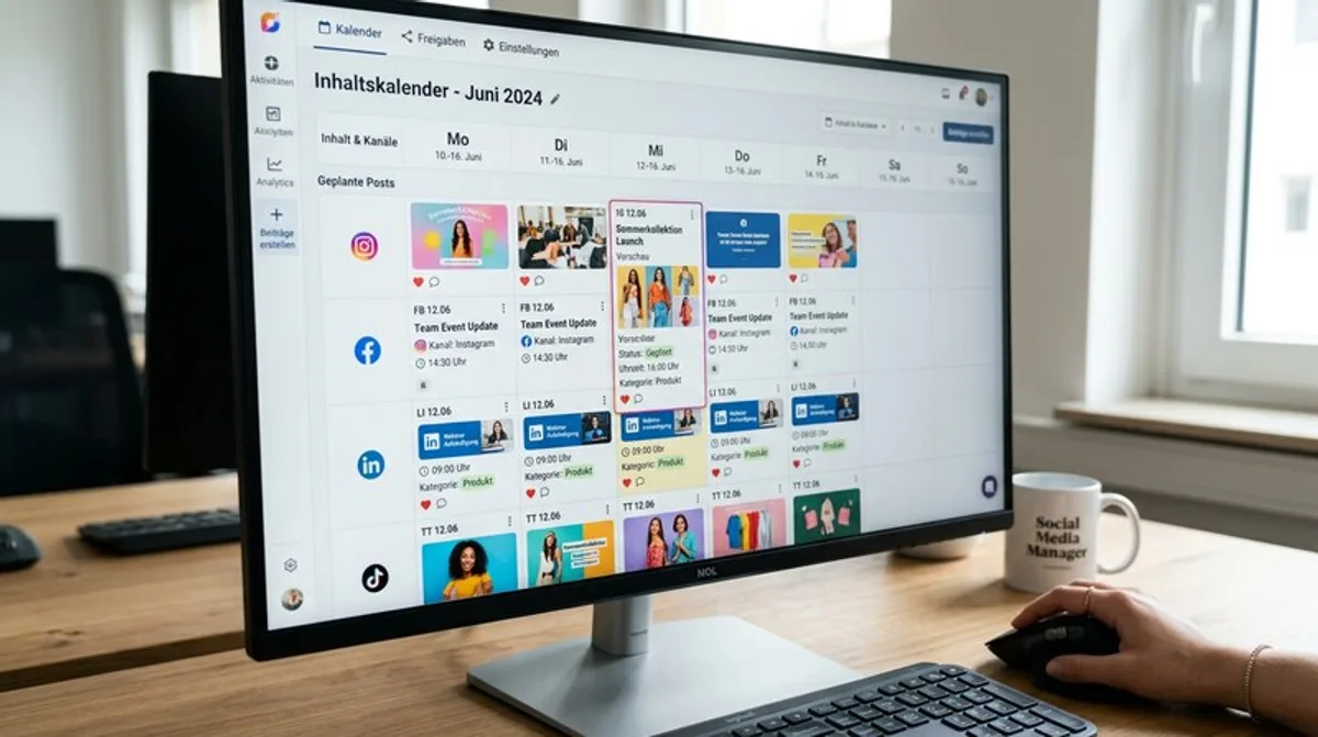 Social Media Scheduling Tool Monitor Closeup Content Grid Geplante Posts Kanal Vorschau Kalender