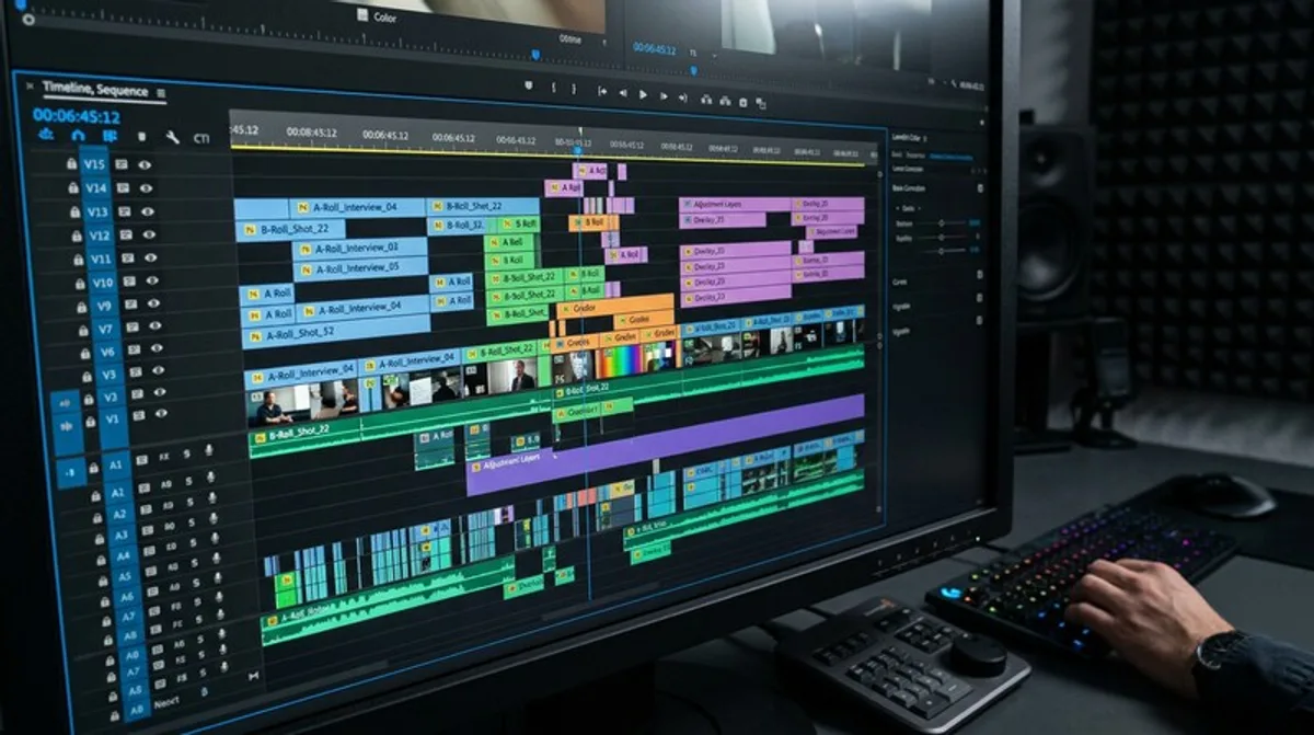 Video Editing Premiere Pro Timeline Closeup Mehrere Schnittspuren Farbkorrektur Monitor Studio